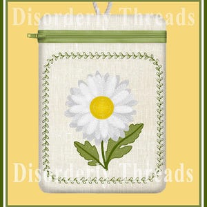 ¡Bolsa con cremallera Daisy Flower de 6x8.5"! Pes Dst Exp Hus Jef Vip VP3 Xxx Formatos ITH en el archivo de bordado de la máquina de la bolsa con cremallera del aro