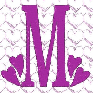 May include: Purple letter M with three purple hearts around it. The background is a pattern of white hearts.