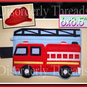 May include: A red fire truck zipper pouch with a blue background and a black ladder on top. The pouch is 6x8.5 inches and has a black strap.