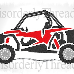 May include: An embroidered design of a side-by-side UTV in black and red. The off-road vehicle has large tires, a roll cage, and shock absorbers. The text "Disorderly Threads" is in the background.