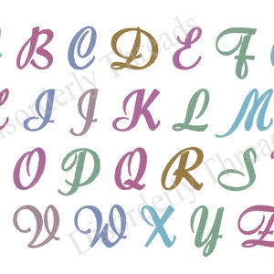 May include: A colourful alphabet in a cursive font. Each letter is a different colour, including pink, blue, green, purple, and brown.