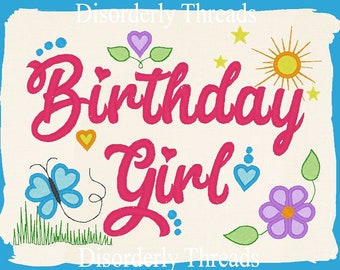 FLAT 6x10" 5x7" Birthday Girl Embroidery Design    Pes Dst Exp Hus Jef Vip Xxx Vp3 Formats  Machine Embroidery File