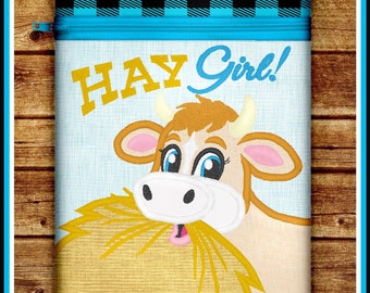 6x8.5" Hay Girl Cow Zippered Bag Design  *xxx vip pes jef hus exp dst vp3 Formats* ITH In The Hoop Zippered Bag Machine Embroidery File