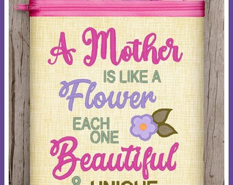 6x8.5" A Mother Is Zippered Bag Design  *xxx vip pes jef hus exp dst vp3 Formats* ITH In The Hoop Zippered Bag Machine Embroidery File