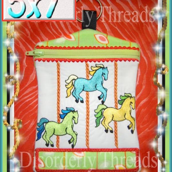 Carousel Zippered Bag!  5x7"  **xxx vip pes jef hus exp dst Formats** ITH In The Hoop Zippered Bag Machine Embroidery File