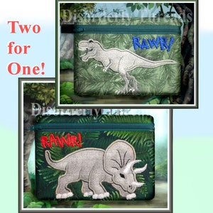 2 Dinosaurs Zippered Bag Files SIZE:6x8.5&quot; xxx vip pes jef hus exp dst vp3 Formats ITH In The Hoop Zippered Bag Machine Embroidery