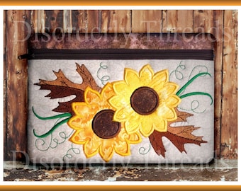 Fall Sunflowers Autumn Zippered Bag!  6x8.5" Pes Dst Exp Hus Jef Vip Xxx VP3 Formats ITH In The Hoop Zippered Bag Machine Embroidery File