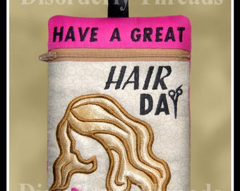 Hair Stylist Hairdresser Zippered Bag!   6x8.5" Pes Dst Exp Hus Jef Vip Xxx Formats ITH In The Hoop Zippered Bag Machine Embroidery File