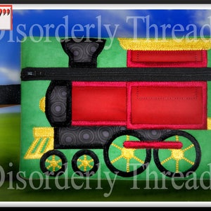May include: A green zippered pouch with a red and black embroidered train design. The pouch is 5x7 inches and has the text "Disorderly Threads" on it.