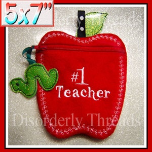 Teacher Apple Zippered Bag! 5x7&quot; Pes Hus Jef Exp Xxx Vip Dst  VP3 ** ITH In The Hoop Zippered Bag Machine Embroidery File