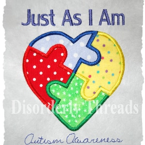 FLAT Autism Just As I Am Applique Embroidery Design   4.65x5.98&quot; Pes Dst Exp Hus Jef Vip Xxx Formats  Machine Embroidery File