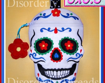 SUGAR Skull Zippered Bag! 6x8.5"  **xxx vip  pes jef hus exp dst Formats** Calavera ITH In The Hoop Zippered Bag Machine Embroidery File