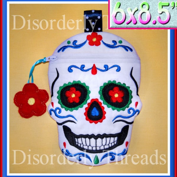 SUGAR Skull Zippered Bag! 6x8.5"  **xxx vip  pes jef hus exp dst Formats** Calavera ITH In The Hoop Zippered Bag Machine Embroidery File