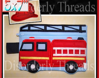 Fire Truck Zippered Bag! 5x7"  **xxx vip  pes jef hus exp dst Formats**  ITH In The Hoop Zippered Bag Machine Embroidery File