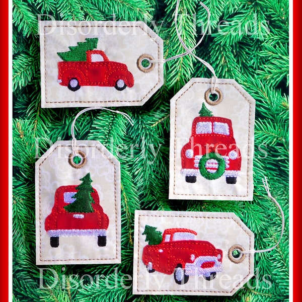 Christmas Red Truck Tags Set 4x4"  5x7" hoops  **xxx vip  pes jef hus exp dst VP3 Formats**  ITH In The Hoop Tags Machine Embroidery File