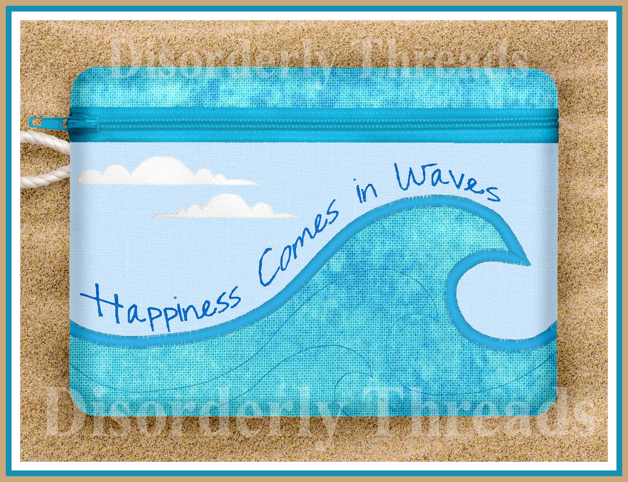 5x7" Happiness Comes In Waves Zippered Bag Design xxx vip pes jef hus exp dst vp3 Formats  In The Hoop Zippered Bag Machine Embroidery File