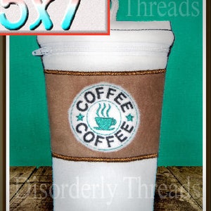 Coffee Cup Zippered Bag! 5x7" **xxx vip pes jef hus exp dst Formats** ITH In The Hoop Zippered Bag Machine Embroidery File