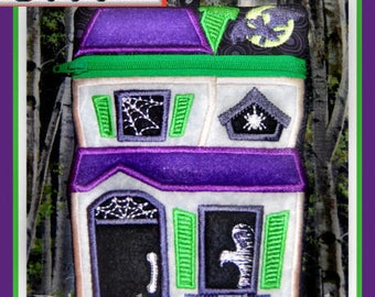 Haunted House Zippered Bag! 5x7" xxx vip  pes jef hus exp dst Formats ITH In The Hoop Zippered Bag Machine Embroidery File