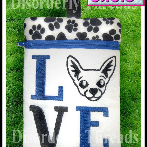 DT LOVE Chihuahua Zippered Bag 6x8.5" Chi Dog **xxx vip  pes jef hus exp dst Formats**  ITH In The Hoop Zippered Bag Machine Embroidery File