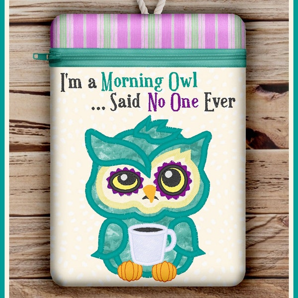 6x8.5" Night Owl Zippered Bag Design  *xxx vip pes jef hus exp dst vp3 Formats* ITH In The Hoop Zippered Bag Machine Embroidery File