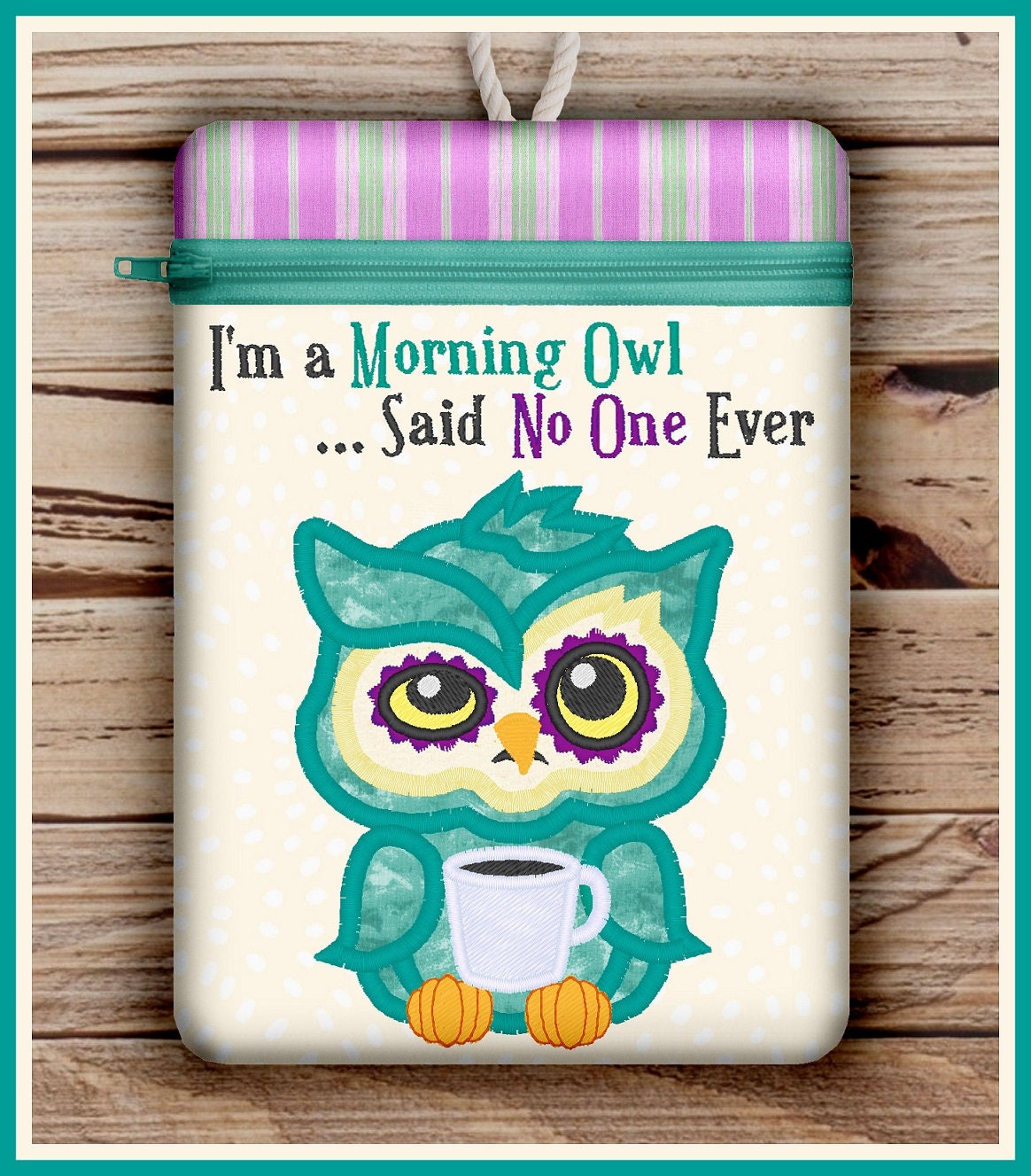 6x8.5" Night Owl Zippered Bag Design  *xxx vip pes jef hus exp dst vp3 Formats* ITH In The Hoop