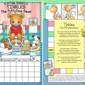 May include: A colorful chart with a cartoon bear named Tinkles, who is teaching children about potty training. The chart includes a calendar with spaces for stickers, a motivational message, and a fun illustration of Tinkles sitting on the potty.