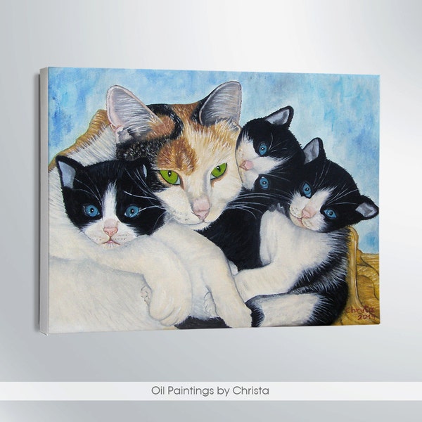 CATS  PAINTING, Cat Family, Oil painting, 8x10i, Beige, Black, Birthday gift, illustration, Pet lovers, Free shipping, art, wall decor