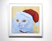 CAT Christmas hat, oil painting, miniature, 4x4in, christmas decor, cat portrait, christmas gift, white, home decor, christmas sign, art