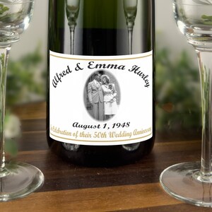 50th Anniversary Party Labels for Golden or 25th Anniversary with Couples Photo, Anniversary Party Favors, Wine, Champagne (Set of 24)(L05)