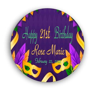 Mardi Gras Geburtstag Runde Aufkleber, Familientreffen Karneval Aufkleber, alles Gute zum Geburtstag oder Danke Aufkleber (RB200)