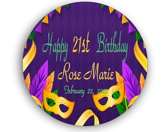 Printed Mardi Gras Birthday Round Stickers, Family Reunion Mardi Gras Stickers, Happy Birthday or Thank You Stickers (Set of 24) (RB200)