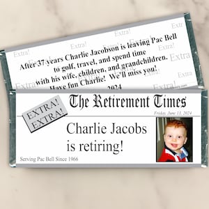 Personalized Retirement Chocolate Candy Bar Wrapper - Custom Retirement Paty Favors for Table Decor or Gifts for Adults (Set of 12) (W333)