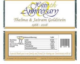 Printed 50th Anniversary Party Favors, 25th or Silver Anniversary, Golden Anniversary, Chocolate Wrapper, Vow Renewal (Set of 12) (W55)
