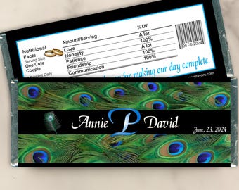 Personalized Peacock Wedding Candy Bar Wrappers - Custom Bridal Party Favors for Table Decoration, Gift Bags, or Souvenirs (Set of 12)(W667)