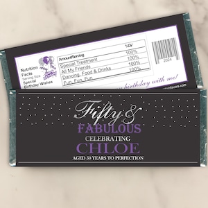 Fifty and Fabulous Birthday Candy Bar Wrappers - Custom Party Favors for Table Decorations or Souvenirs (Set of 12)(W725)