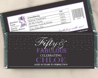 Fifty and Fabulous Birthday Candy Bar Wrappers - Custom Party Favors for Table Decorations or Souvenirs (Set of 12)(W725)