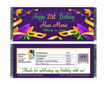 Printed Mardi Gras Birthday Candy Bar Wrappers, Family Reunion Mardi Gras Party Favors, Adult Birthday Favor (Set of 12)(WB200)