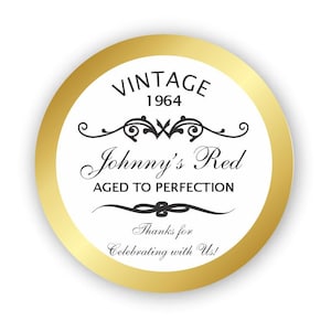 Gold Vintage Birthday Stickers - 50th Birthday Party Favor, Round Personalized Birthday Labels, Circle Gift Stickers (Set of 24) (RB07)