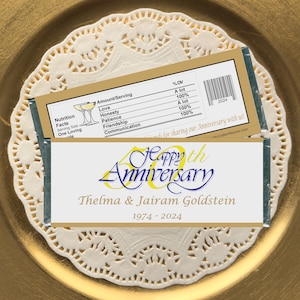 Personalized 50th Anniversary Candy Bar Wrappers - Custom Party Favors for Table Decorations, Gift Bags, or Souvenirs (Set of 12) (W55)