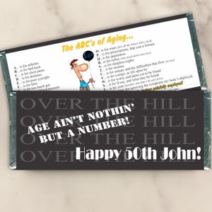 Personalized Over the Hill Birthday Candy Bar Wrappers  - Custom Party Favors for Decorations, Gift Bags, and Souvenirs (Set of 12)(W585)