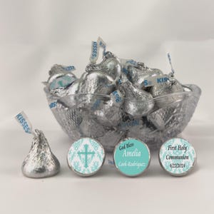 Personalized Damask First Holy Communion Chocolate Candy Kiss Stickers - Custom Religious Party Favors for Table Decor (Set of 108)(KR08)