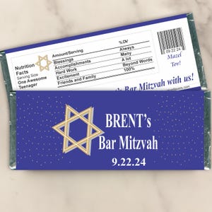 Bar Mitzvah or Bat Mitzvah Candy Bar Wrapper Party Favors, Custom for a Jewish Ceremony, Reception Gifts for Guests (Set of 12)(WR01)
