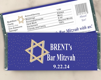Bar or Bat Mitzvah Candy Bar Wrapper Party Favors for a Jewish Ceremony - Reception Gifts for Guests (Set of 12)(WR01)