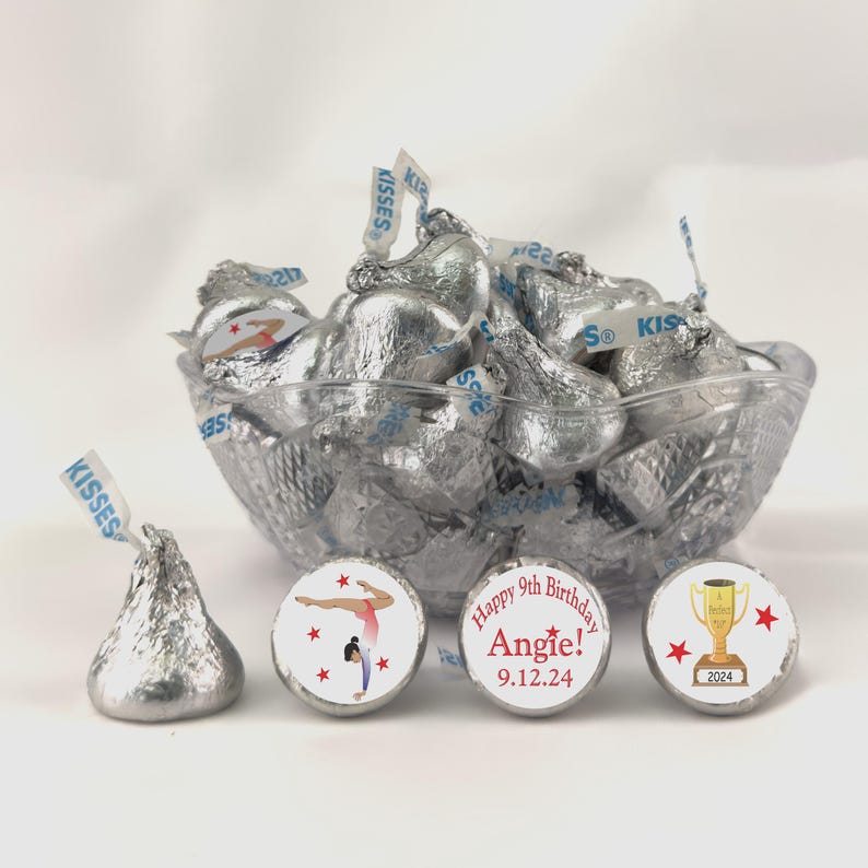 Personalized Gymnastics Birthday Chocolat Candy Kiss Stickers Custom