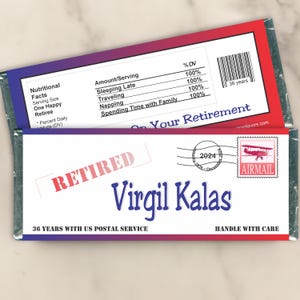 May include: A personalized candy bar wrapper with a retirement theme. The wrapper features the name "Virgil Kalas", the word "Retired", and a graphic of an airmail stamp. It includes a "Nutritional Facts" section with humorous entries.