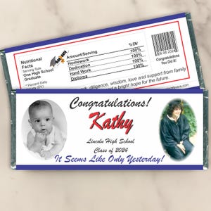 Personalized Graduation Candy Bar Wrappers - Custom High School or College Party Favors for Table Decorations or Gift Bags (Set of 12)(W156)