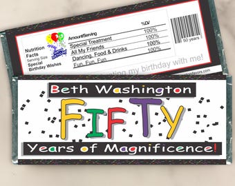 Personalized Fiftieth Birthday Candy Bar Wrappers - Custom Over the Hill Party Favors for Decorations and Gifts (Set of 12)(W71)