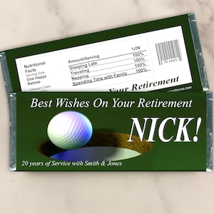 Personalized Golf Retirement Chocolate Candy Bar Wrapper - Custom Party Favors for Table Decorations or Gifts for Golfer (Set of 12)(W620)