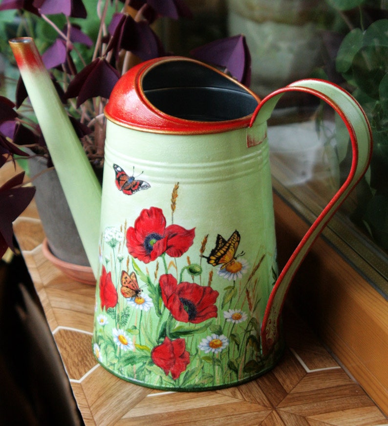 Metal galvanized watering can Decoupage Modern vase Decorative Etsy