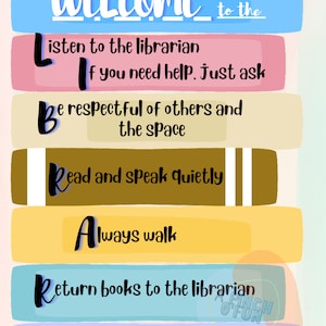 May include: A colorful poster with the word "WELCOME" in large letters, followed by a list of rules for a library. The rules are written in large, colorful letters and are arranged in a stack of books. The rules are: Listen to the librarian, Be respectful of others and the space, Read and speak quietly, Always walk, Return books to the librarian, Your manners are appreciated!